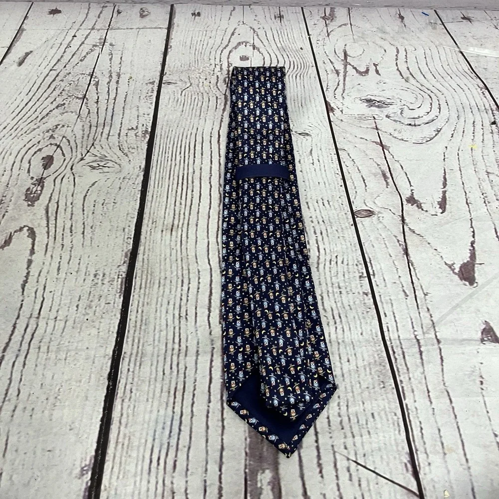 Battistoni Roma Owl Moon Stars‎ Novelty Silk Tie Handmade In Italy Blue